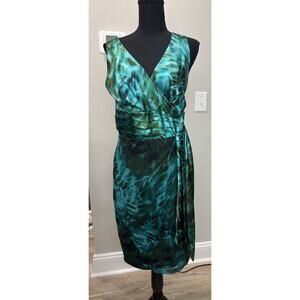 Gorgeous 100% Silk Teal Sleeveless Abstract Print Dress Faux-Wrap Knee Size 8